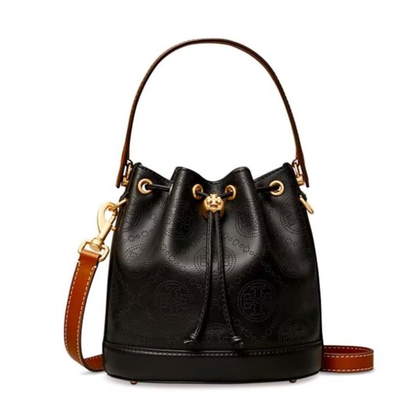 Christmas Closet Clearance Tory Burch Black Mini T Monogram Leather Bucket Bag - Picture 1 of 5